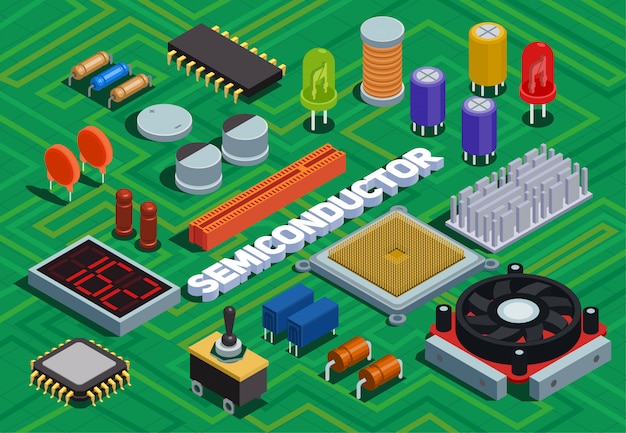 Vetor grátis ilustração isométrica de semicondutores imitou a placa de circuito impresso com diferentes componentes eletrônicos do esquema elétrico