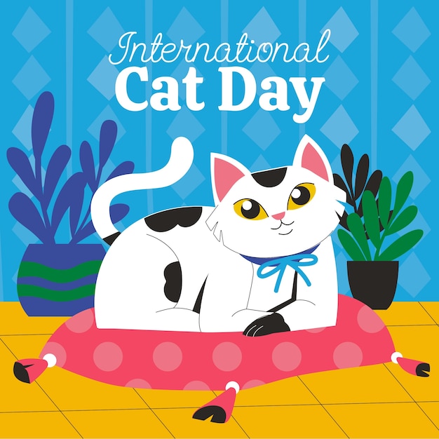 Vetor grátis ilustração plana do dia internacional do gato com gato na cama