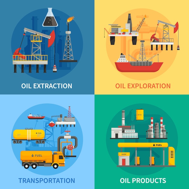 Vetor grátis imagens 2x2 planas apresentando produtos de transporte de extração de exploração de óleo de indústria petrolífera petróleo ve