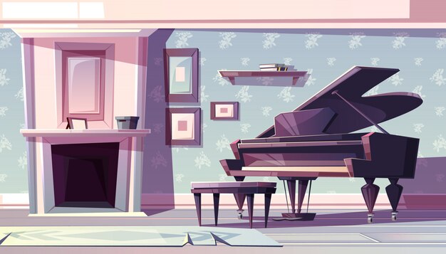 Interior da sala de estar em estilo clássico com lareira, piano de cauda e pinturas