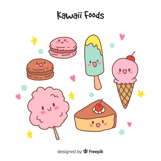 Vetor grátis kawaii mão desenhada coleção de comida doce