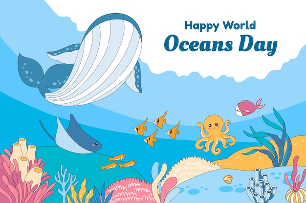 Vetor grátis mão desenhada ilustração de dia mundial dos oceanos