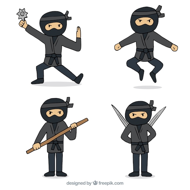 Vetor grátis mão desenhada personagem ninja em poses diferentes