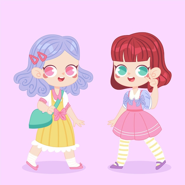 Vetor grátis meninas desenhadas à mão estilo lolita