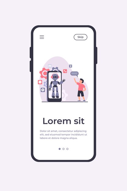 Menino acenando Olá para humanóide na tela do smartphone. Bate-papo bot, assistente virtual, ilustração vetorial plana de telefone móvel. Tecnologia, conceito de infância para banner, design de site ou página de destino