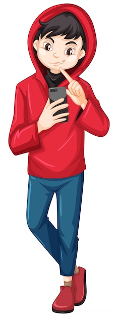 Vetor grátis menino com capuz vermelho segurando um personagem de desenho animado de telefone inteligente isolado no fundo branco