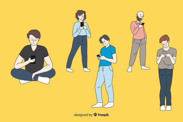 Meninos segurando smartphones no estilo de desenho coreano