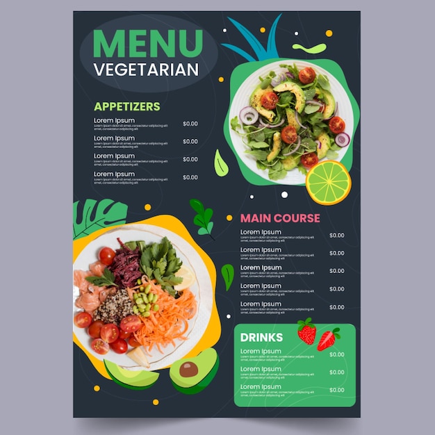 Menu vegetariano plano desenhado à mão