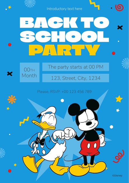 Vetor grátis mickey mouse e amigos invitado à festa de retorno à escola