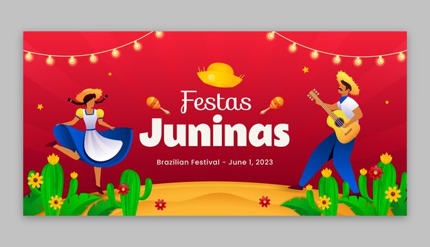 Modelo de banner horizontal gradiente para celebração de festas juninas brasileiras