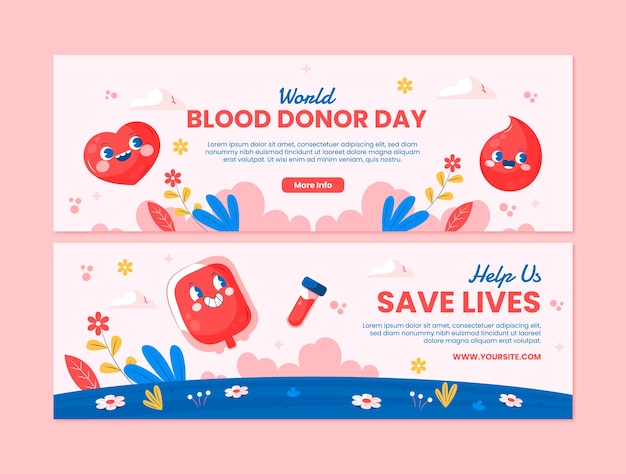 Vetor grátis modelo de banner horizontal plano para o dia mundial do doador de sangue