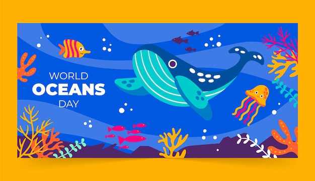 Vetor grátis modelo de banner horizontal plano para o dia mundial dos oceanos com criaturas aquáticas