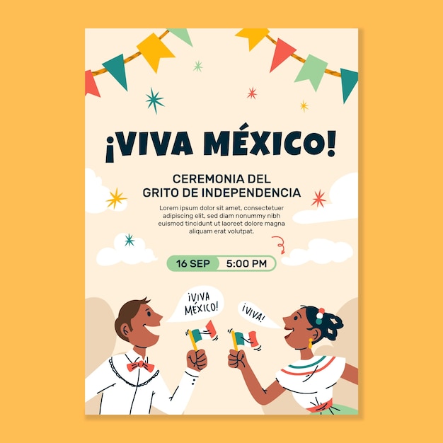 Modelo de cartaz vertical desenhado à mão para celebração da independência do méxico