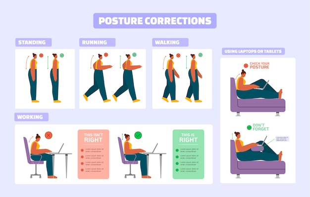 Vetor grátis modelo de infográficos de correção de postura plana