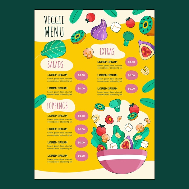 Vetor grátis modelo de menu de restaurante vegetariano desenhado à mão