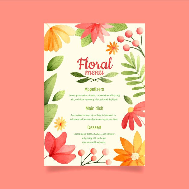 Modelo de menu floral em aquarela