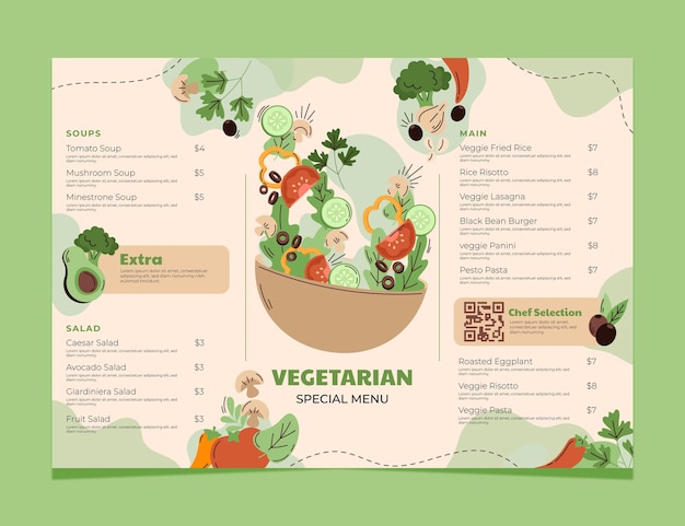 Vetor grátis modelo de menu plano de comida vegetariana desenhado à mão