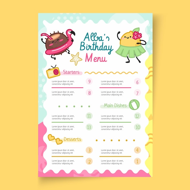 Modelo de menu vertical de aniversário infantil