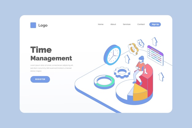 Vetor grátis modelo de página de destino de gerenciamento de tempo de contorno isométrico