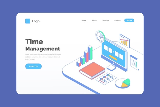 Vetor grátis modelo de página de destino de gerenciamento de tempo de contorno isométrico