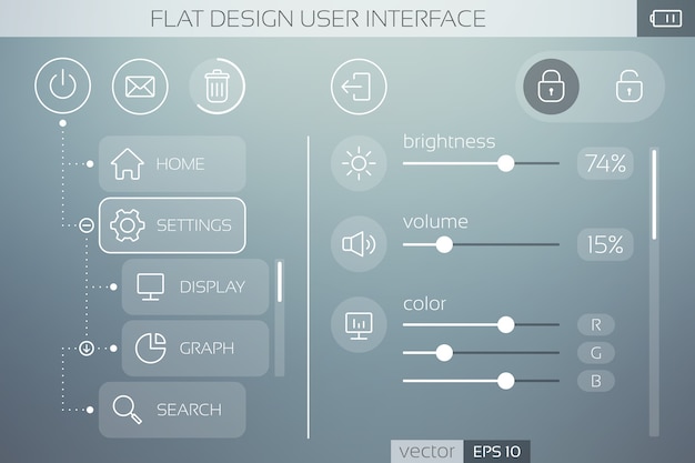 Vetor grátis modelo de ui plana com controles deslizantes de botões de ícones e elementos da web para menu móvel e navegação