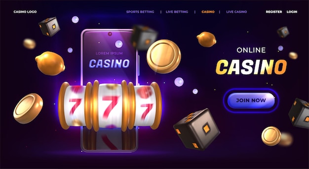 Vetor grátis página de destino do cassino online banner com slot machine de jackpot smartphone de néon e moedas de ouro voadoras