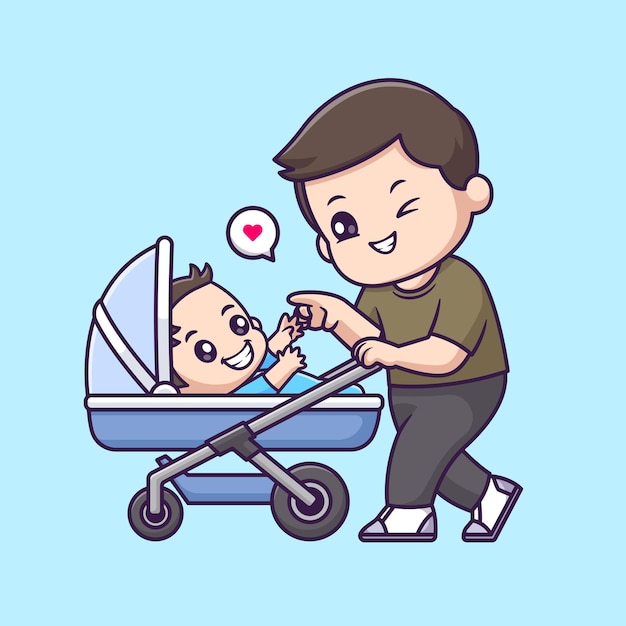 Vetor grátis pai bonito com filho em carrinho de bebê cartoon vector icon ilustração pessoas feriado apartamento isolado