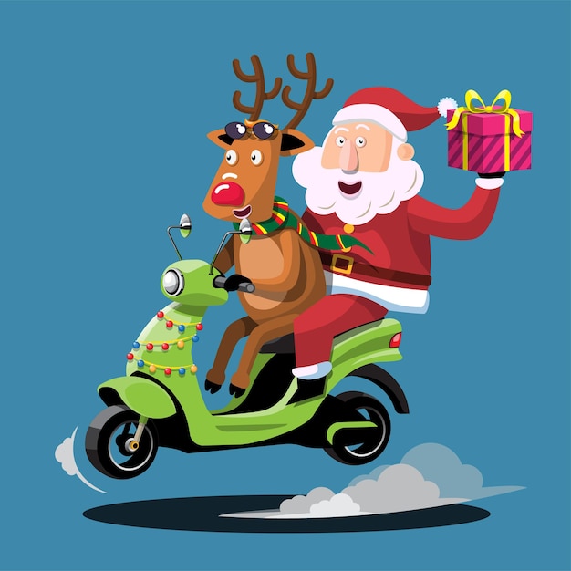 Papai Noel e renas dirigem uma motocicleta para entregar presentes de Natal para crianças de todo o mundo