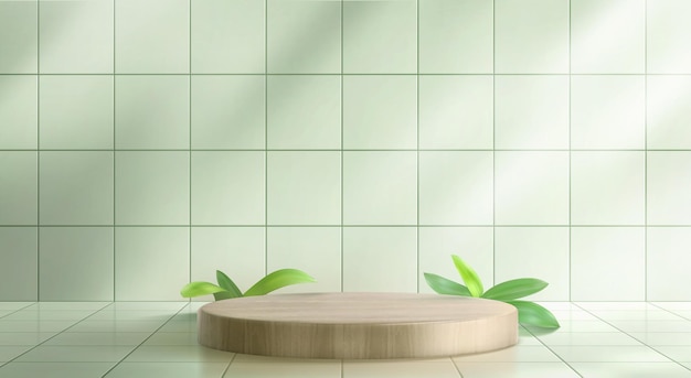 Vetor grátis parede de azulejo de cozinha verde 3d com fundo de vetor de cena de pódio de madeira pedestal de exibição de produto em estúdio vazio com luz da janela eco apresentação de maquete de vitrine natural com folhas de plantas