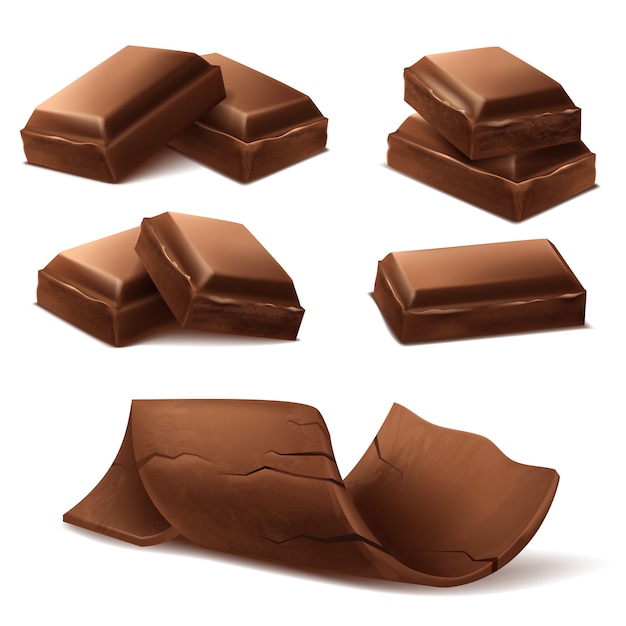 Vetor grátis pedaços de chocolate 3d realistas. brown delicioso bares e raspas de chocolate f