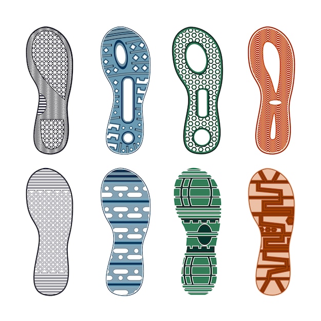 Pegadas de tênis esportivos conjunto colorido de diferentes padrões em fundo branco isolado