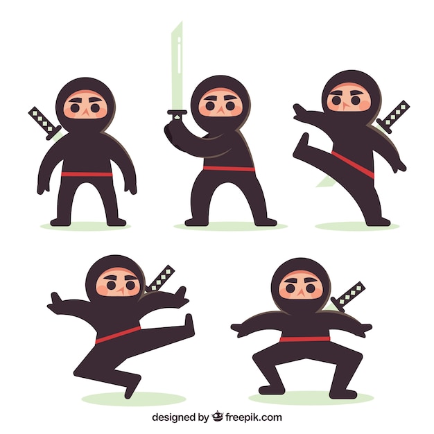 Vetor grátis personagem de ninja plana linda em poses diferentes