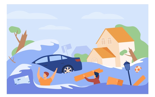 Vetor grátis pessoas assustadoras se afogando em ilustração vetorial plana de água isolada. desenhos animados de casas submersas, carro afogado durante enchente ou tsunami.