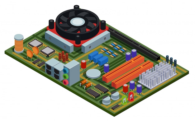 Placa de sistema para ilustração isométrica de pc com elementos semicondutores slots microchips capacitores diodos transistores