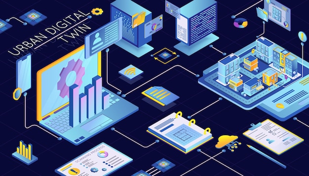 Vetor grátis processo de tecnologia digital gêmea urbana de criar ilustração em vetor 3d de plano de fundo isométrico de modelo de cidade