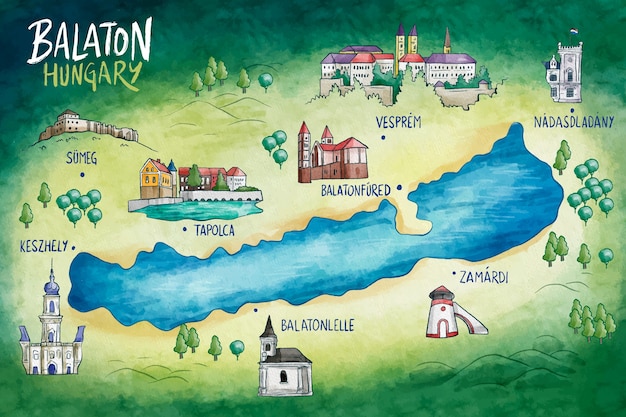 Projeto de mapa de balaton de lago em aquarela