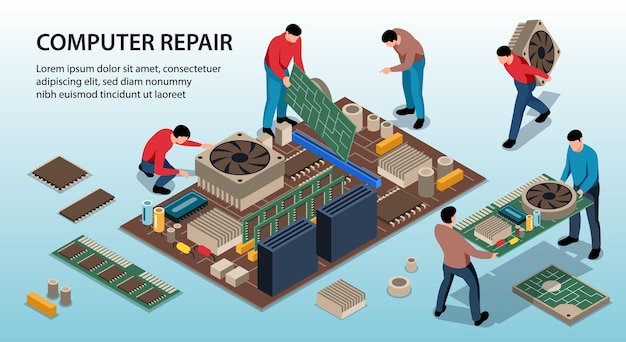 Vetor grátis serviço de reparo consertando ilustração isométrica de computador