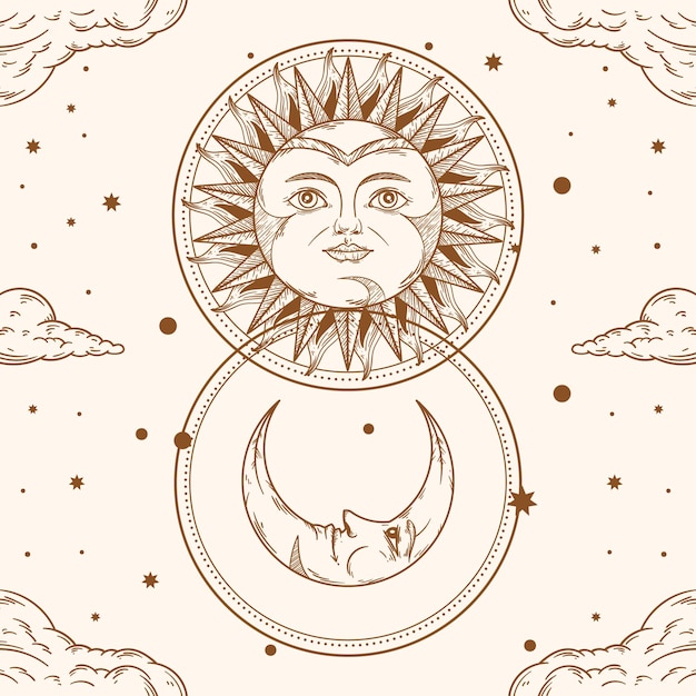 Sol desenhado à mão e ilustração de desenho de lua