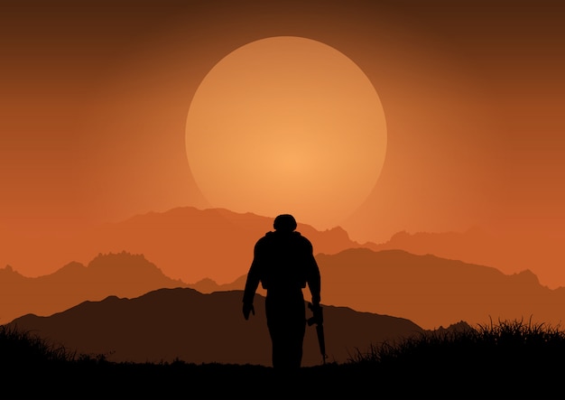 Soldado contra a paisagem do sol