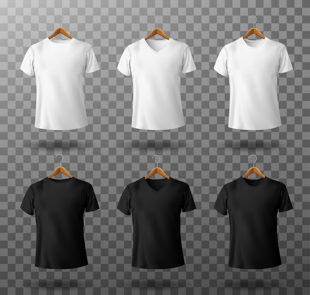 Vetor grátis t-shirt maquete preto e branco camiseta masculina com mangas curtas na vista frontal do modelo de cabides de madeira.