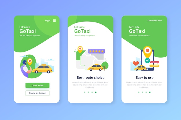 Vetor grátis telas de aplicativos de integração de serviço de táxi