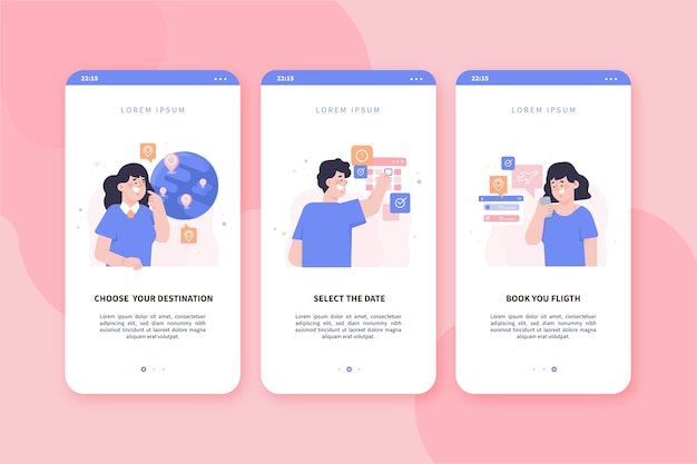 Vetor grátis telas de aplicativos de integração de viagens