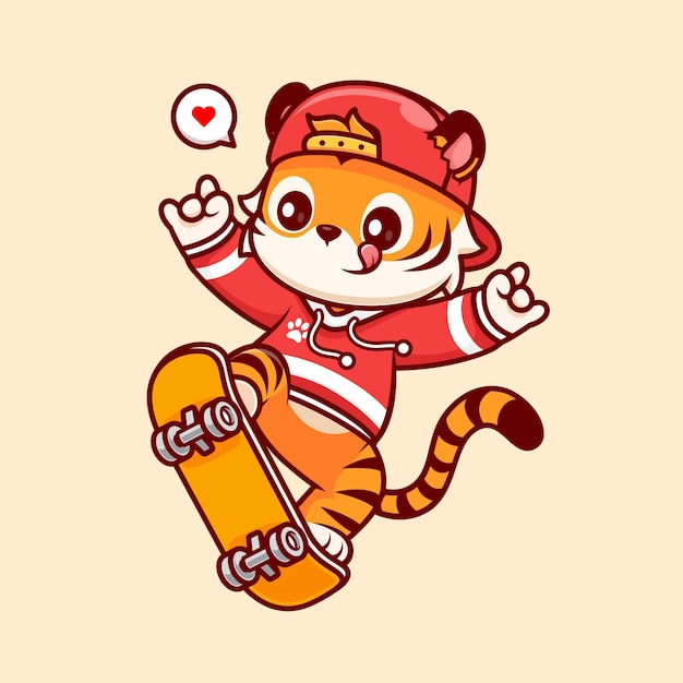 Vetor grátis tigre bonito jogando skate com ilustração vetorial de ícone de desenho animado de mão de metal ícone de esporte animal