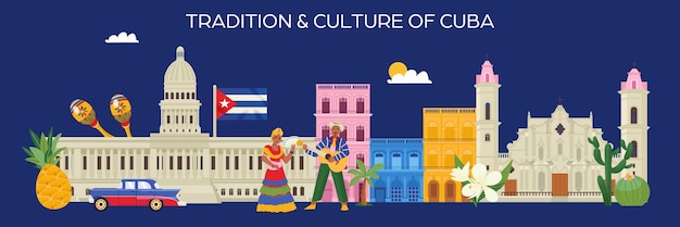 Vetor grátis tradição e cultura de cuba bandeira plana horizontal com marcos cubanos flora e pessoas em fundo azul ilustração vetorial