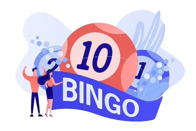 Vetor grátis vencedores de homem de negócios e mulher e bolas de loteria de bingo com números da sorte, pessoas minúsculas. jogo de dinheiro de loteria, bilhete de sorteio, conceito de jogo de bingo. ilustração de vetor isolado de coral rosa