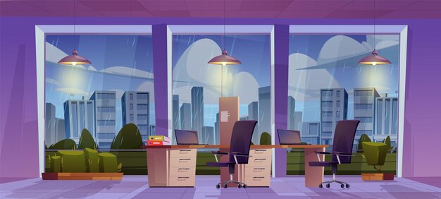 Vista de chuva da janela do escritório da cidade fundo de desenho vetorial Ninguém no interior da sala de trabalho dentro com lâmpada de computador de mesa e cadeira Tempo chuvoso fora da ilustração da área de trabalho openspace