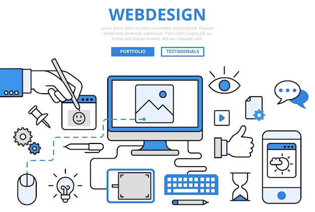 Webdesign design de site GUI interface de usuário wireframe protótipo frontend desenvolvimento conceito de internet ícones de arte de linha plana.