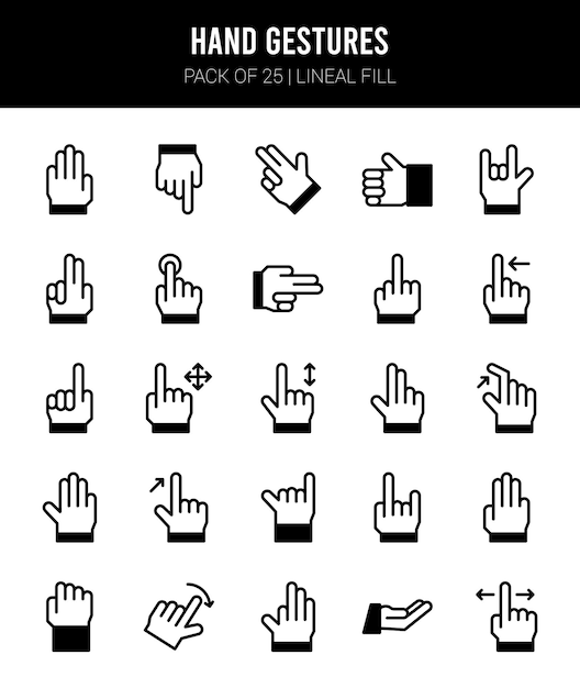 25 ícones de preenchimento linear de gestos de mão Pack ilustração vetorial