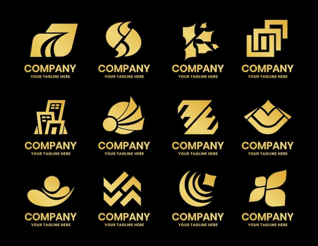 A coleção de logotipos de negócios mínimos de luxo define os símbolos de design do logotipo da empresa com a cor dourada