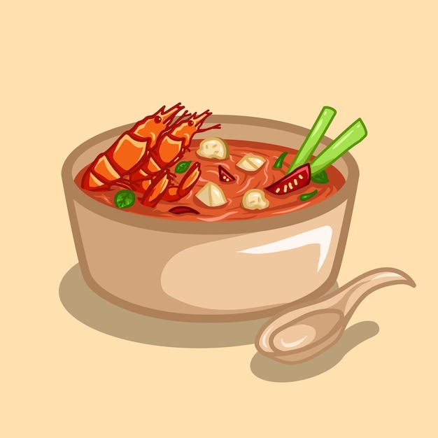 A comida tradicional tailandesa é a sopa Tom Yum com frutos do mar em uma tigela e uma colher.